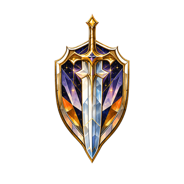 The Good Quests crest: a crystalline sword and shield haloed in gold